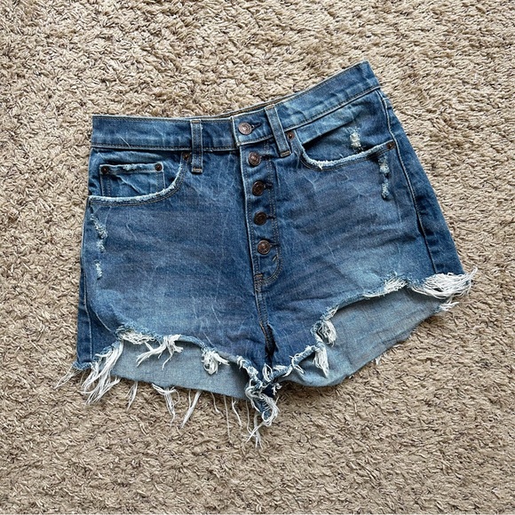 Abercrombie & Fitch Pants - Abercrombie & Fitch High Rise Mom Jean Shorts Raw Hem Denim High Waisted Blue